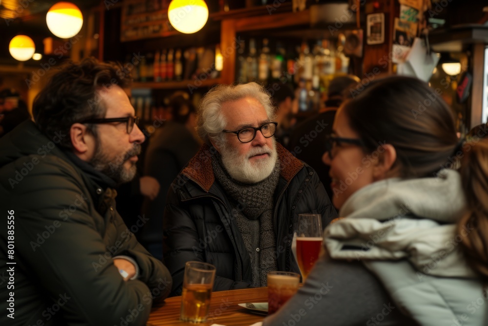 Group of friends drinking beer and talking in a pub. Selective focus.