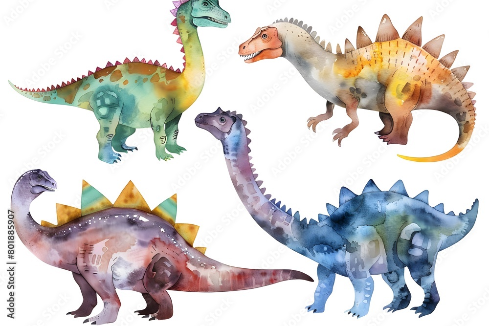 Fototapeta premium Vivid Watercolor Set of Colorful Dinosaurs for Children's Education