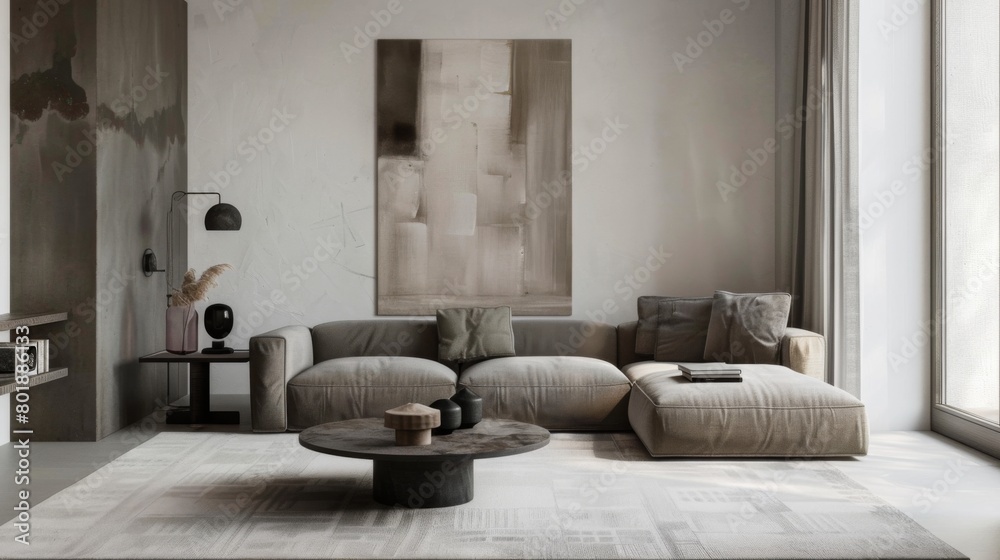 An inviting minimalist sitting area with a low-profile sofa, a coffee table, and abstract wall art, exuding contemporary charm. An inviting minimalist sitting area with a low-profile sofa, a coffee table, and abstract wall art, exuding contemporary charm.