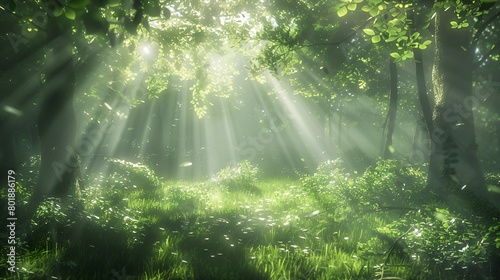 A lush green forest with sunlight streaming through the trees, casting dappled shadows on the ground. The scene has a focus on nature in the style of face.
