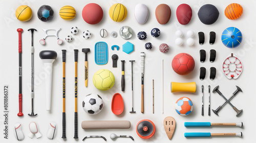 many different types of sports equipment on a white background including balls, clubs, and other items.