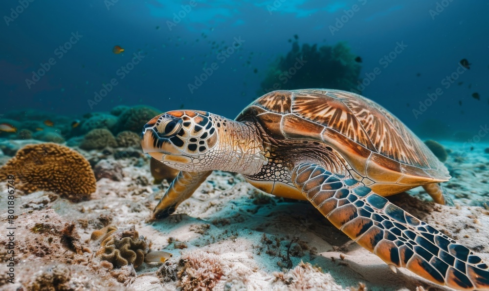 Obraz premium sea turtle swimming on seabed.