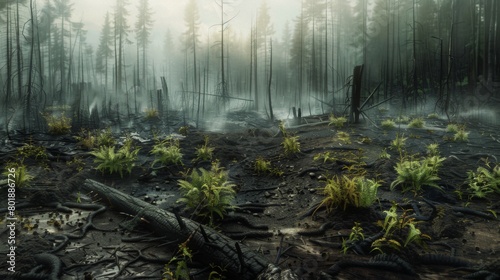 Charred remains of a forest after a fire  with patches of greenery struggling to emerge amidst the devastation.