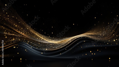 Futuristic background with a wave of golden glittering particles and star dust on a black canvas,