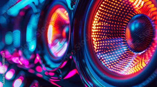 Close-up of a car speaker grille illuminated with colorful LED lights, adding a futuristic flair to the vehicle's audio system. photo