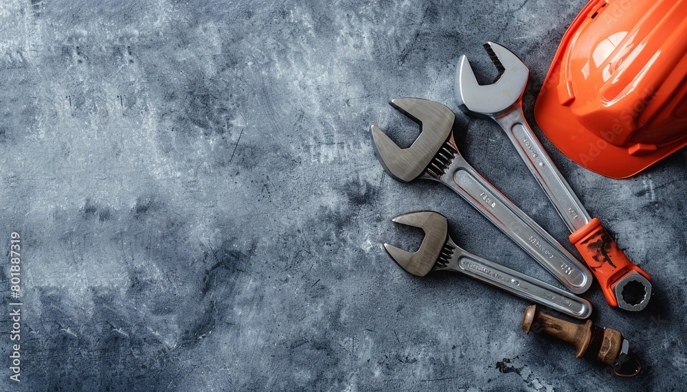 Flat lay Set of spanners on  concrete background Concept of mechanical work, hardware maintenance, and tool organization