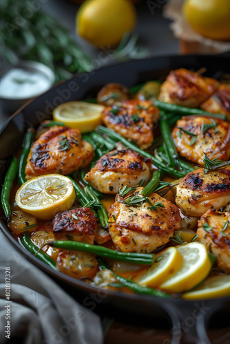 Skillet with chicken, green beans, and lemon slices on tableware