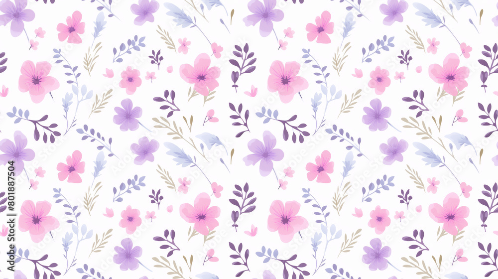 A watercolor painting of a floral pattern with pink, purple, and blue flowers and green leaves on a white background.