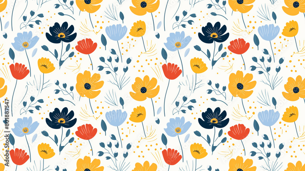 Colorful floral pattern with red, blue, and yellow flowers.