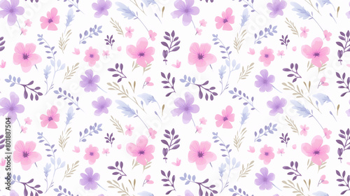 A watercolor painting of a floral pattern with pink, purple, and blue flowers and green leaves on a white background.