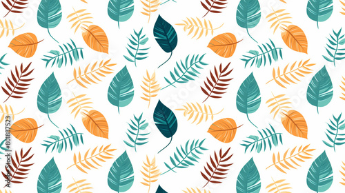 A seamless pattern with hand drawn tropical leaves in blue, green, yellow and brown colors.
