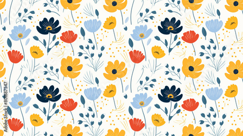 Colorful floral pattern with red  blue  and yellow flowers.