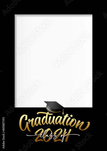 Class of 2024, Graduation photo frame format A4. Congrats Graduates, concept design for web stories or booth with black academic hat. Vector illustration