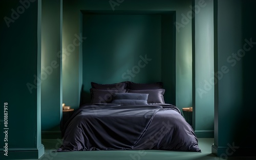 Empty-painted deep green wall. Dark grey color bedding furniture and blank background.Bedroom interior trend 2024 year Modern luxury apricot room interior home designs.