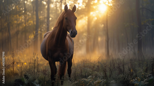 A horse stands in a misty forest at dawn with soft morning light filtering through the trees