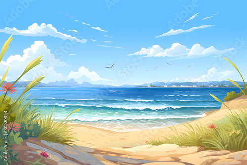 Shoreline Retreat  Serene Beach View in Summer  Realistic Beach Landscape. Vector Background