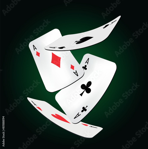 Vector image of playing cards on the green cloth: four aces - diamonds, hearts, cross and spades. Casino and poker game.