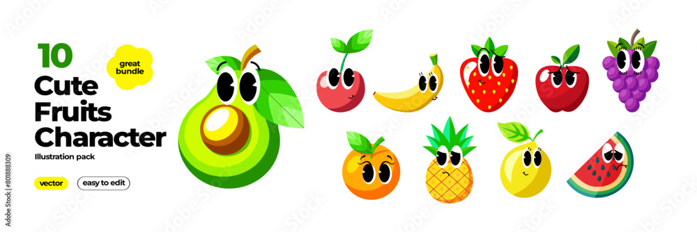 Collection of cute tropical fruits retro character food kawaii style illustration Collection of cute tropical fruits retro character food kawaii style illustration