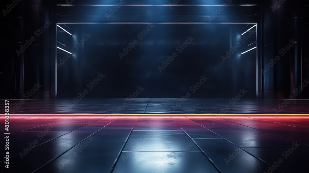 Night view with neon reflection on the concrete floor. Empty studio stage at night