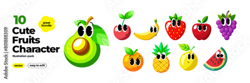 Collection of cute tropical fruits retro character food kawaii style illustration 