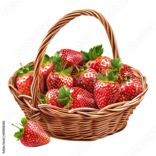 Strawberries in wooden basket isolated on transparent background