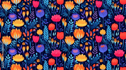 vibrant seamless pattern with various flowers and leaves on a dark blue background