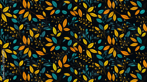 A seamless pattern with hand-drawn leaves and berries in a modern retro style.