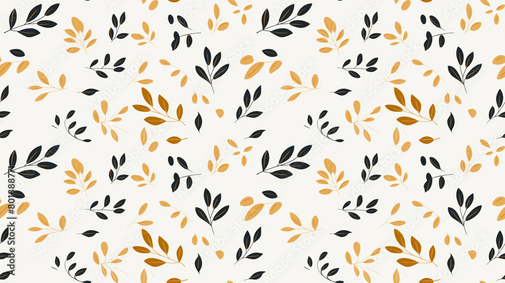 A seamless pattern with simple leaves in black and gold colors on a beige background.