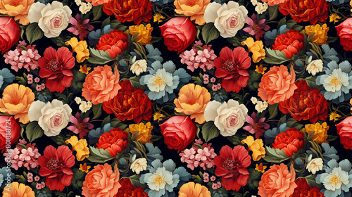 A seamless pattern of vintage flowers on a dark background. © FoxGrafy