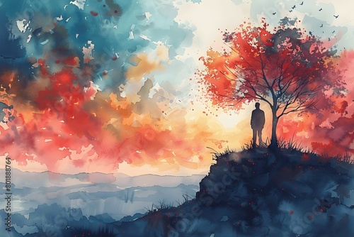 Solitary Figure Stands Under a Lush Red Tree Overlooking a Sunset Horizon in a Reflective Watercolor Memorial Day Scene
 photo