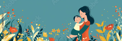 Cute mother and daughter colorful cartoon illustration with flowers - ai generative