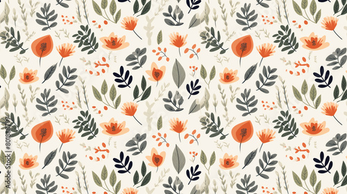 A seamless pattern with hand drawn flowers and leaves in a folk art style.