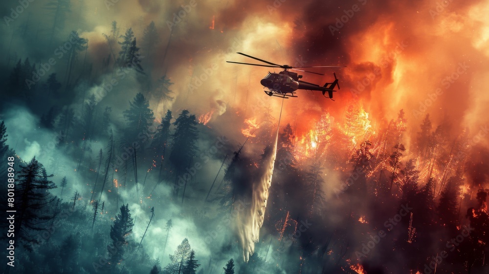 Helicopter dropping water onto a raging wildfire, desperately trying to quench the flames and save the forest.