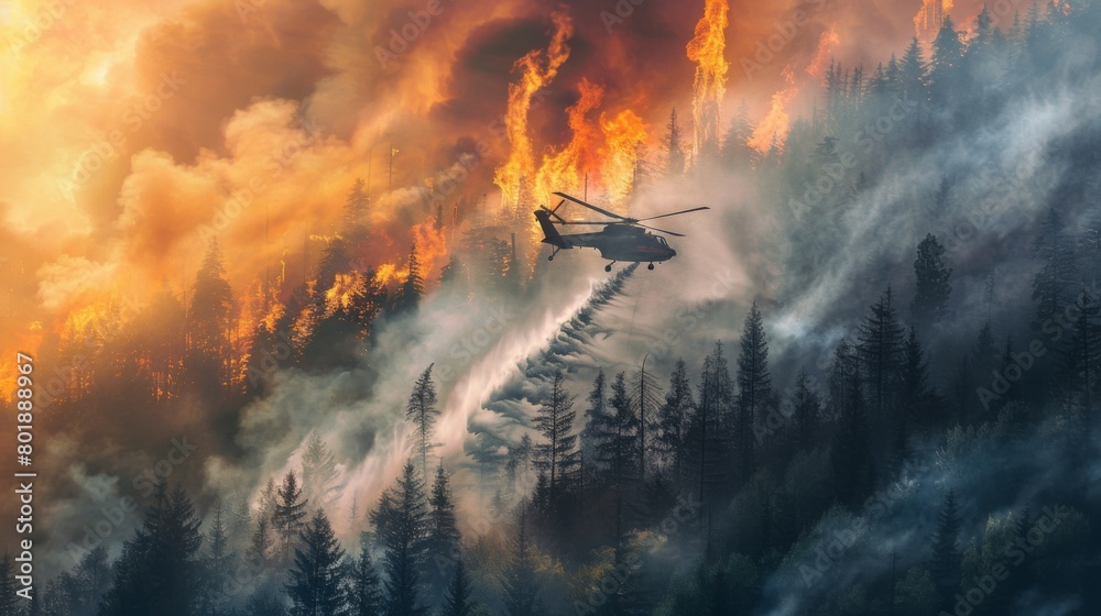 Fototapeta premium Helicopter dropping water onto a raging wildfire, desperately trying to quench the flames and save the forest.