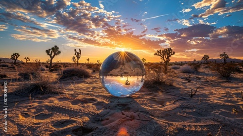 Earth globe 1m in diameter in desert sand  dramatic sunset  Joshua trees in the background