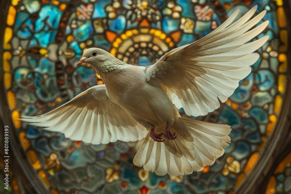 Fototapeta premium Pigeons in the stained glass window of Notre Dame Cathedral in Paris, France