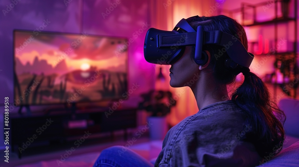 VR headset gaming in living room, dynamic in-game lighting, eye-level, immersive play VR headset gaming in living room, dynamic in-game lighting, eye-level, immersive play