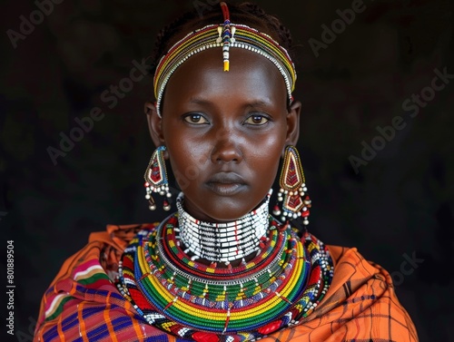 A Maasai woman adorned in traditional jewelry and clothing. photo