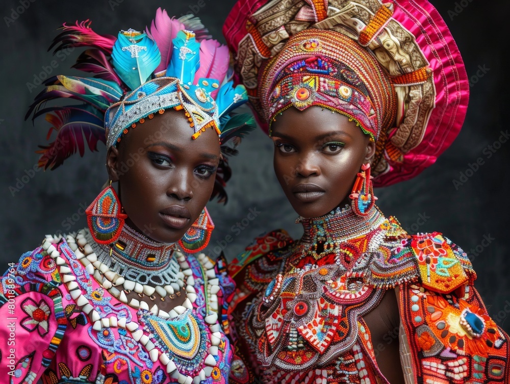 A fashion photo shoot featuring Tanzanian models wearing traditional attire with a modern twist.
