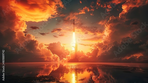 Rocket launch, fiery lift-off light, wide angle, human ambition #801889742