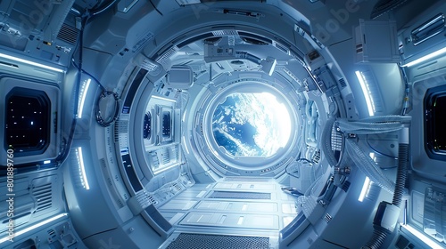 Space habitat module interior, ambient zero-g light, first-person, living off-planet