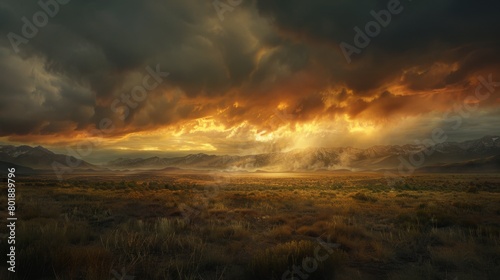 The last rays of sunlight peeking through storm clouds, casting a golden glow over the darkening landscape. photo