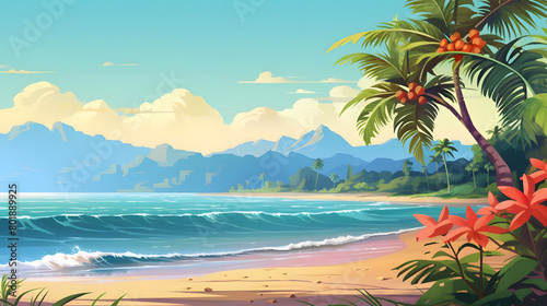 Seaside Oasis  Summer Escape by the Water s Edge  Realistic Beach Landscape. Vector Background