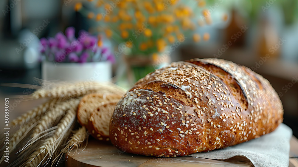 A loaf of bread with sesame seeds on top lies on a wooden table, with ears of wheat lying nearby. Macro photography. Banner. Concept of agriculture, organics, farming, healthy eating
