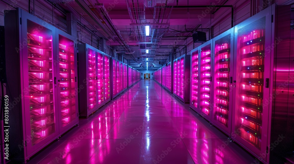 Quantum computer in secure facility, ambient security lights, wide view, next-gen computing 