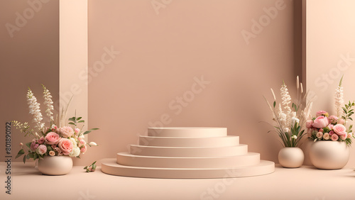 A flower arrangement is displayed on a pedestal in front of a wall