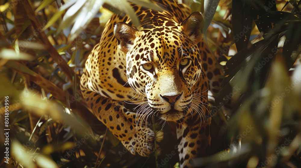 A solitary jaguar prowling through the dense undergrowth of a tropical rainforest, its sleek golden coat shimmering in the dappled sunlight, as it moves with stealth and precision in search of prey.