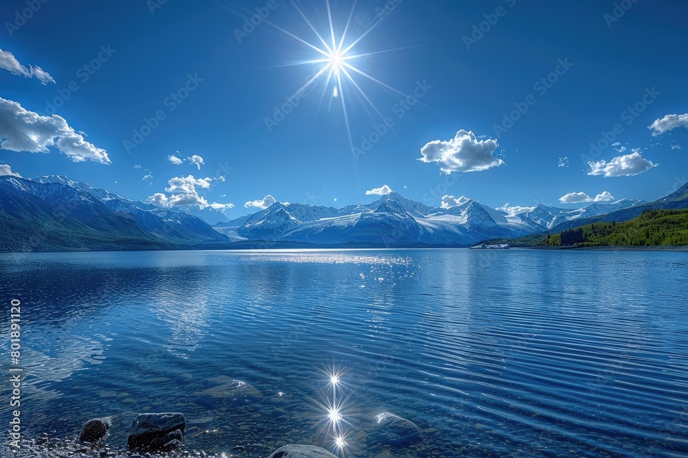 Blue sky, bright sun and snow-capped mountains