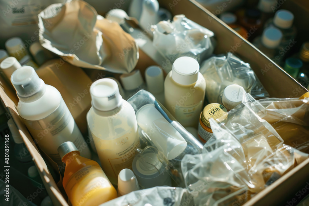 A pile of discarded plastic bottles and containers of cosmetics.
A pile of discarded plastic bottles and containers of cosmetics.