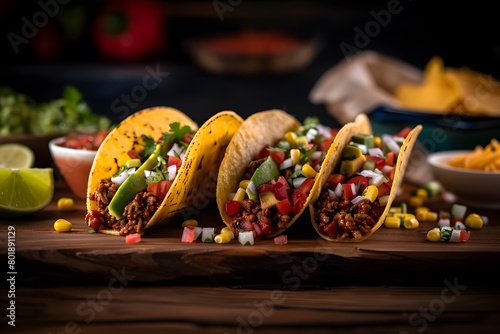 Tacos, rustic red brick background, food photography.
